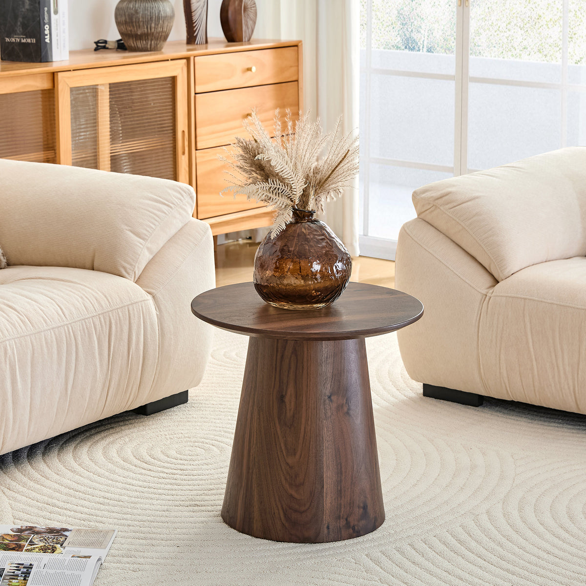 Walnut wood grain medium density fiberboard circular coffee table - diameter 19.6 inches, height 18.8 inches walnut wood grain veneer, flexible adaptation to circular tabletop.W2920P404128