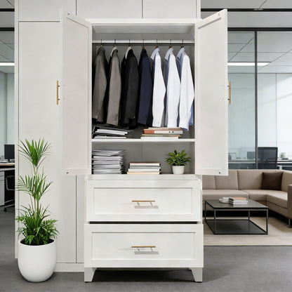 71" Tall Metal Wardrobe Cabinet with 2 Drawers and Hanging Rod, 2 Doors Wardrobe Closet with Shelf for Bedroom, Office, Laundry Room,Entryway ,Foyer,Guesthouse (White)