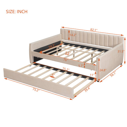 Full Size Upholstered daybed with Trundle and Wood Slat Support, Beige(Old SKU:LP000121AAA)