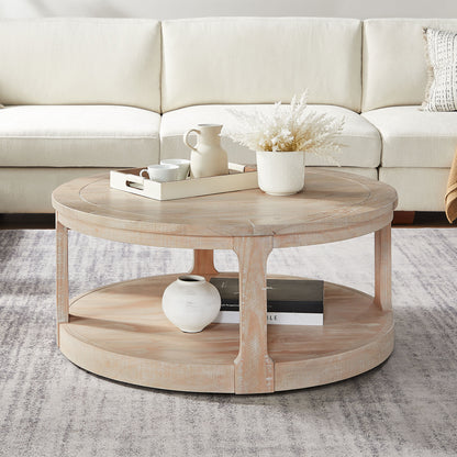 40inch Large Curved 2 Tier Traditional Round Circle Wooden Center Coffee Table,Rounded Table with Wheels,Mid Century Rustic Style Table for living Room,Office,Apartment,OAK