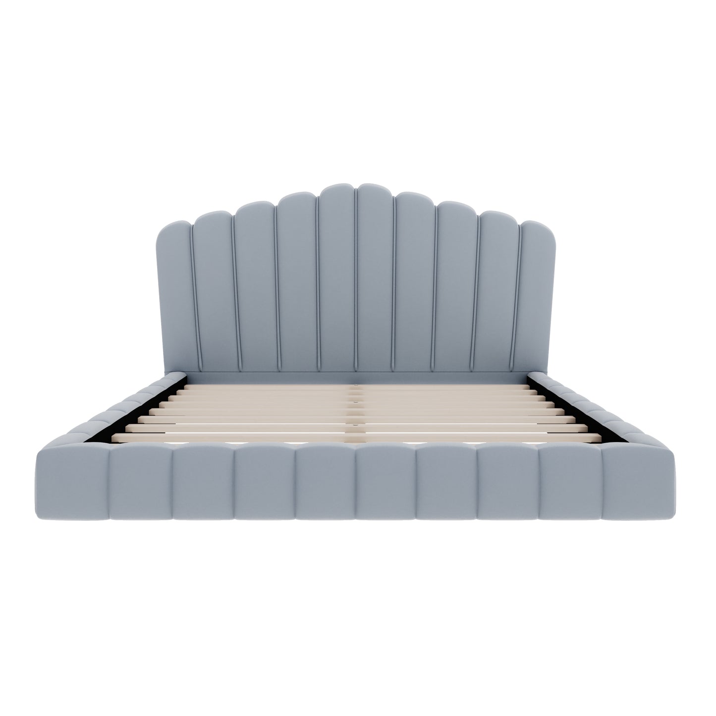 Velvet Upholstered Queen Bed Frame with Shell-Shaped Headboard, Light Blue, Solid MDF & Particle Board