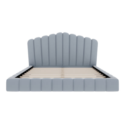 Velvet Upholstered Queen Bed Frame with Shell-Shaped Headboard, Light Blue, Solid MDF & Particle Board