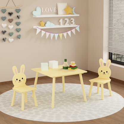 Kids Table and Chair Set with 2 Bunny Chairs, Children's Wooden Activity Table for Toddlers, Cute Animal Design Study Play Set