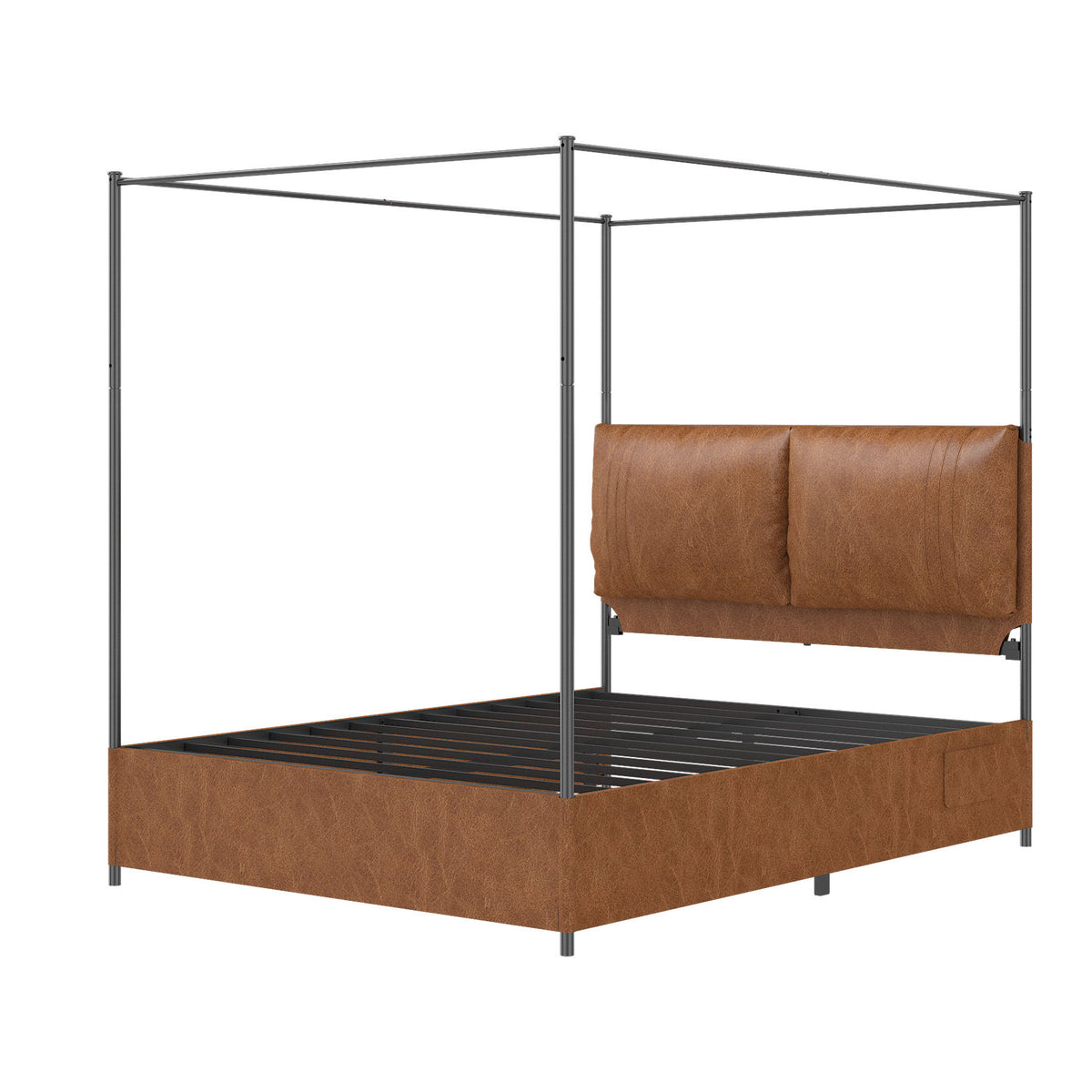Queen Canopy Bed Frame,  Faux Leather Upholstered Bed with Metal Frame, Four Poster Platform Bed, No Box Spring Needed, Rustic Brown