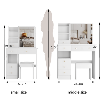 37" Left Drawer Desktop Makeup Vanity Table + Cushioned Stool, Extra Large Right Sliding Mirror, Multi Layer High Capacity Storage