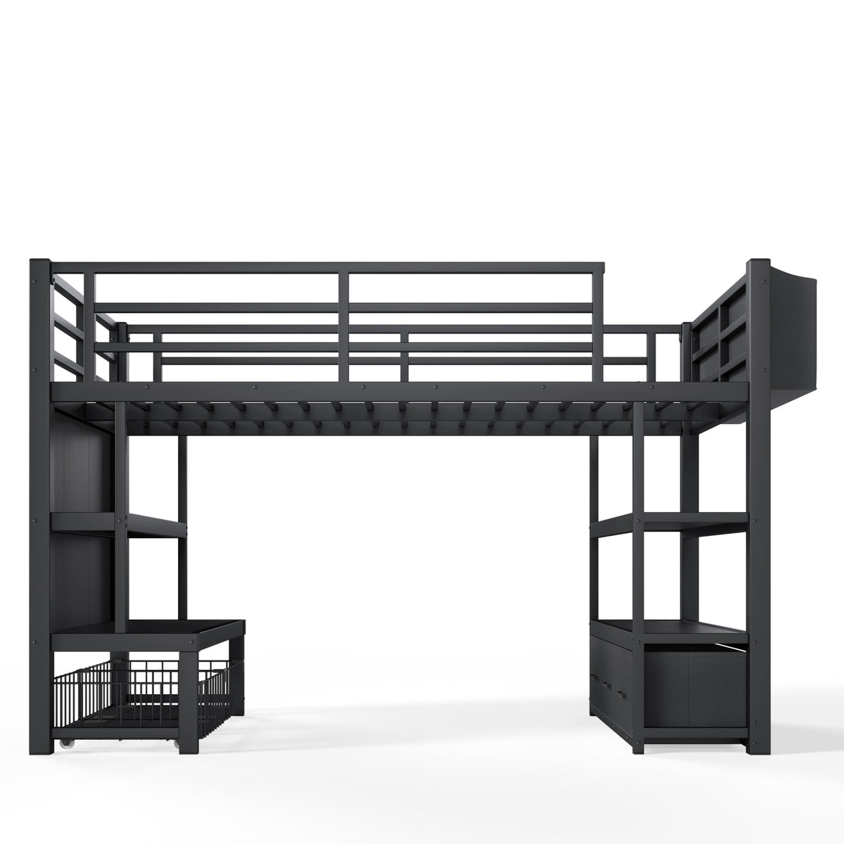 Twin Metal Low Loft Bed for Kids, Low Loft Bed with Storage Drawer, Low Loft Bed with Bookshelf & Storage Bag, Sturdy Low Loft bed Frame with Open Storage Space for Bedroom, Black