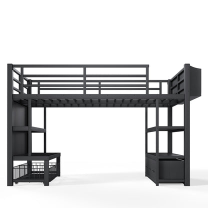 Twin Metal Low Loft Bed for Kids, Low Loft Bed with Storage Drawer, Low Loft Bed with Bookshelf & Storage Bag, Sturdy Low Loft bed Frame with Open Storage Space for Bedroom, Black
