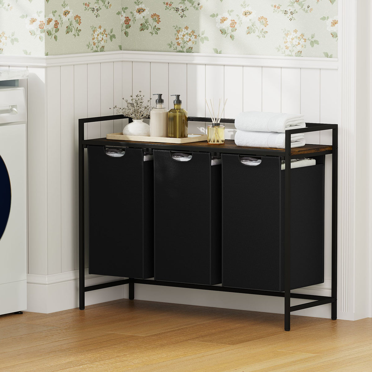 Laundry Hamper with Shelf, 3-Bin Laundry Sorter with Wood Top, Double Hamper with Removable Fabric Bags, Metal Frame, Freestanding Clothes Organizer for Bedroom, Bathroom, or Laundry Room