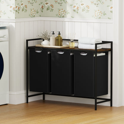 Laundry Hamper with Shelf, 3-Bin Laundry Sorter with Wood Top, Double Hamper with Removable Fabric Bags, Metal Frame, Freestanding Clothes Organizer for Bedroom, Bathroom, or Laundry Room