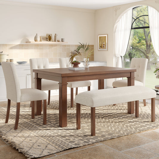 6-Piece Modern Dining Set, Rectangle Kitchen Table with 4 Upholstered Chairs & Bench, Ideal, (Easy Assembly, Space Saving)