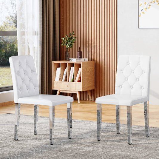 2-pack white PU dining chairs: ergonomic buckle backrest, 35 inches high, silver metal legs,Combines Comfort and Texture.Perfectly suitable for family dining rooms,hotel banquet halls,etc.