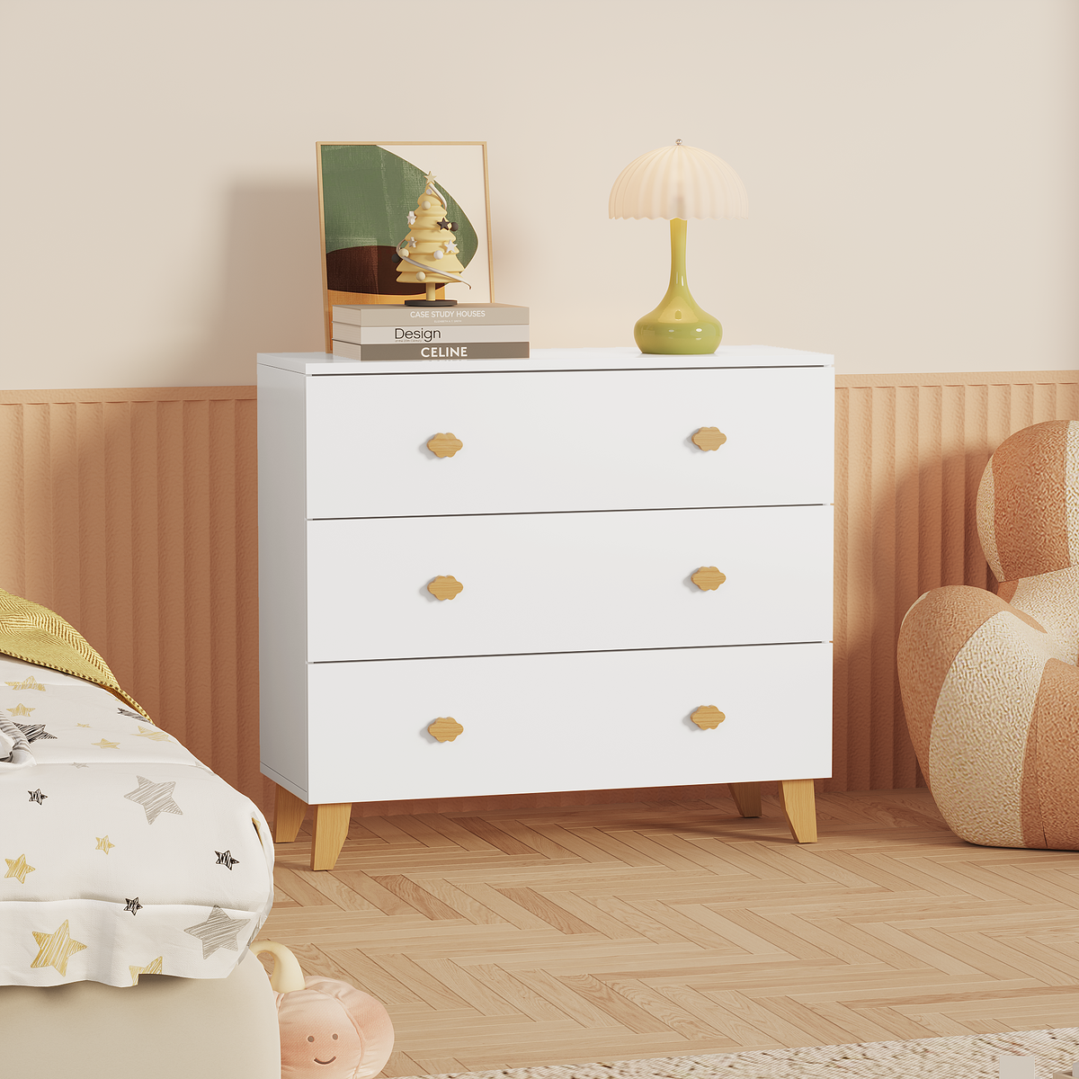 Kids Dresser with 3 Drawers, Wooden Cloud Handles & Pine Legs, MDF Chest of Drawers for Kids Room, Nursery Storage Cabinet, White
