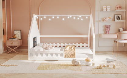 Full Size Wood House Bed with Window and Fence, White (Old SKU: WF304147AAK)