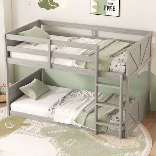 Twin over Twin Floor Bunk Bed with Panelled Headboard and Footboard, Solid Rubber Wood Foundation with Safety Guardrails, Built-in ladder,Antique White(Old Sku W504P263832)