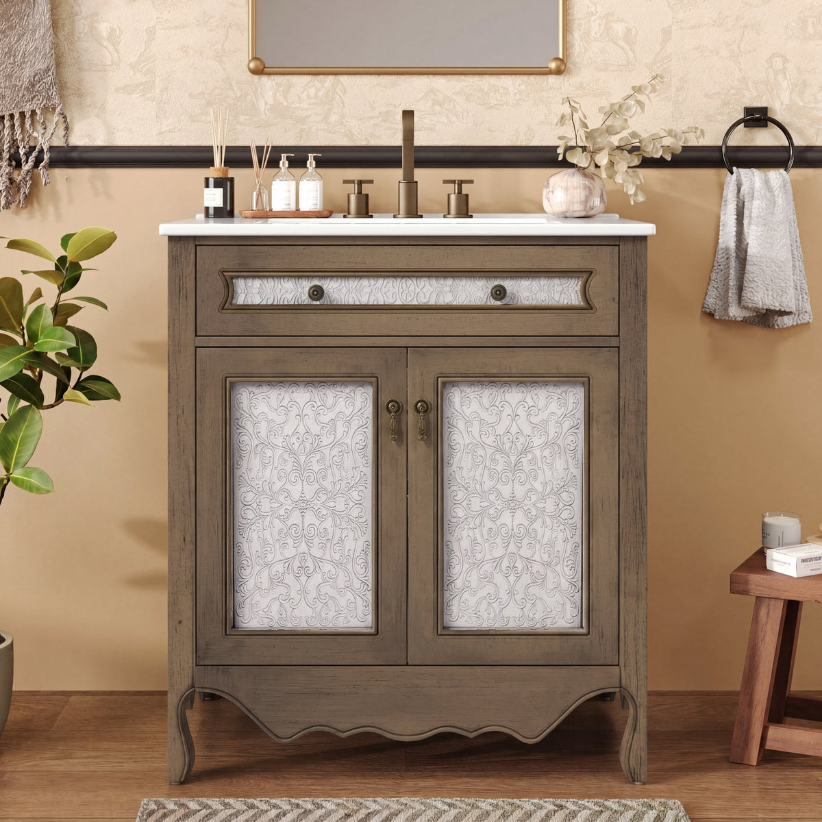 30' Antique Pattern Bathroom Vanity with Rectangle Ceramic Sink, Bathroom Vanity Cabinet with Tip-Out Tray / Flip-Out Drawer, Equipped with Antique Handles and Rubber Wood legs, Vintage Light Brown