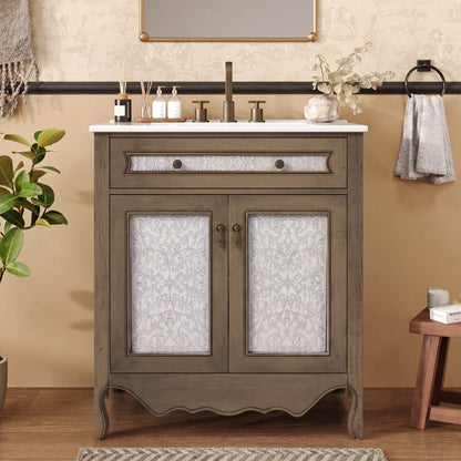 30' Antique Pattern Bathroom Vanity with Rectangle Ceramic Sink, Bathroom Vanity Cabinet with Tip-Out Tray / Flip-Out Drawer, Equipped with Antique Handles and Rubber Wood legs, Vintage Light Brown