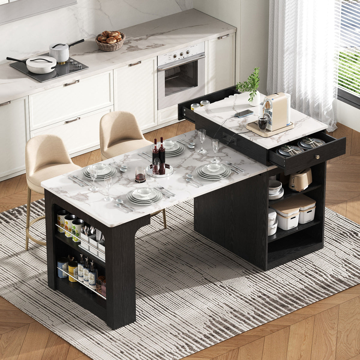 K&K 59.5" Kitchen Island with Extendable Dining Table, Kitchen Storage Table with Double-sided Storage, Kitchen Island with 2 Drawers
