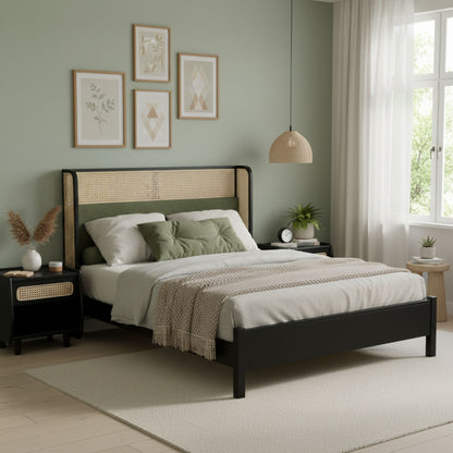 Queen Size Bed Frame with Green Headboard, Black with Green Solid Wood  Bed, No Box Spring Required, Modern Bedroom Furniture