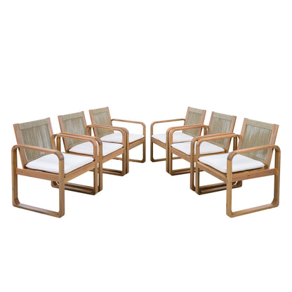 2-Piece Outdoor Dining Chairs Set: Acacia Wood with Multi Brown Rope Back & Beige Cushion, Water Repellent Fabric, 400 lbs Capacity, Light Teak Finish