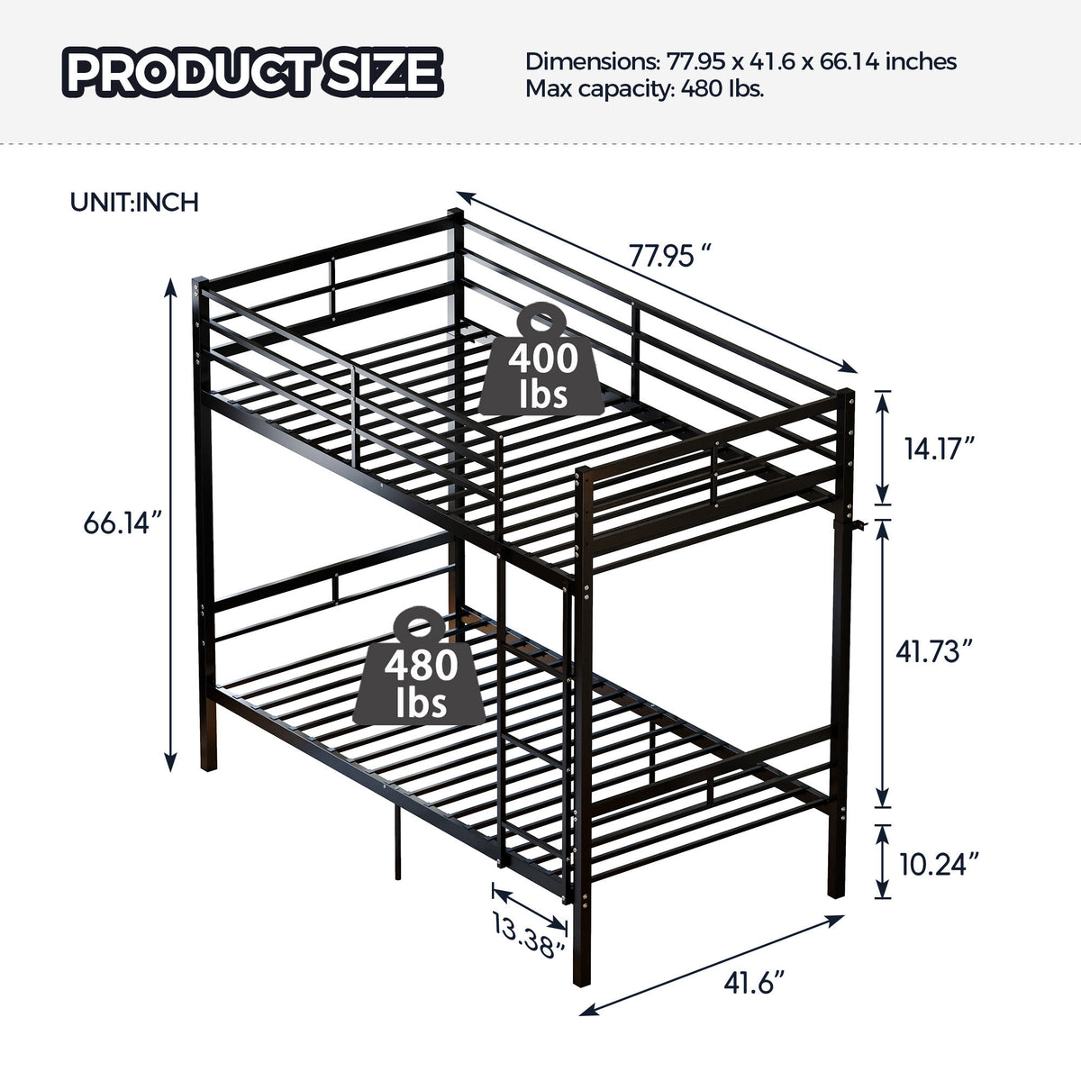 Metal bunk bed (single bed), suitable for children/teenagers/adults. 14.17-inch high guardrails. Single bunk with 19 crossbars and a weight capacity of over 400 lbs. Under-bed storage. Black.