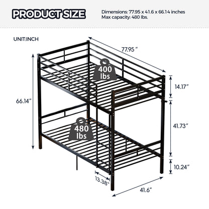 Metal bunk bed (single bed), suitable for children/teenagers/adults. 14.17-inch high guardrails. Single bunk with 19 crossbars and a weight capacity of over 400 lbs. Under-bed storage. Black.