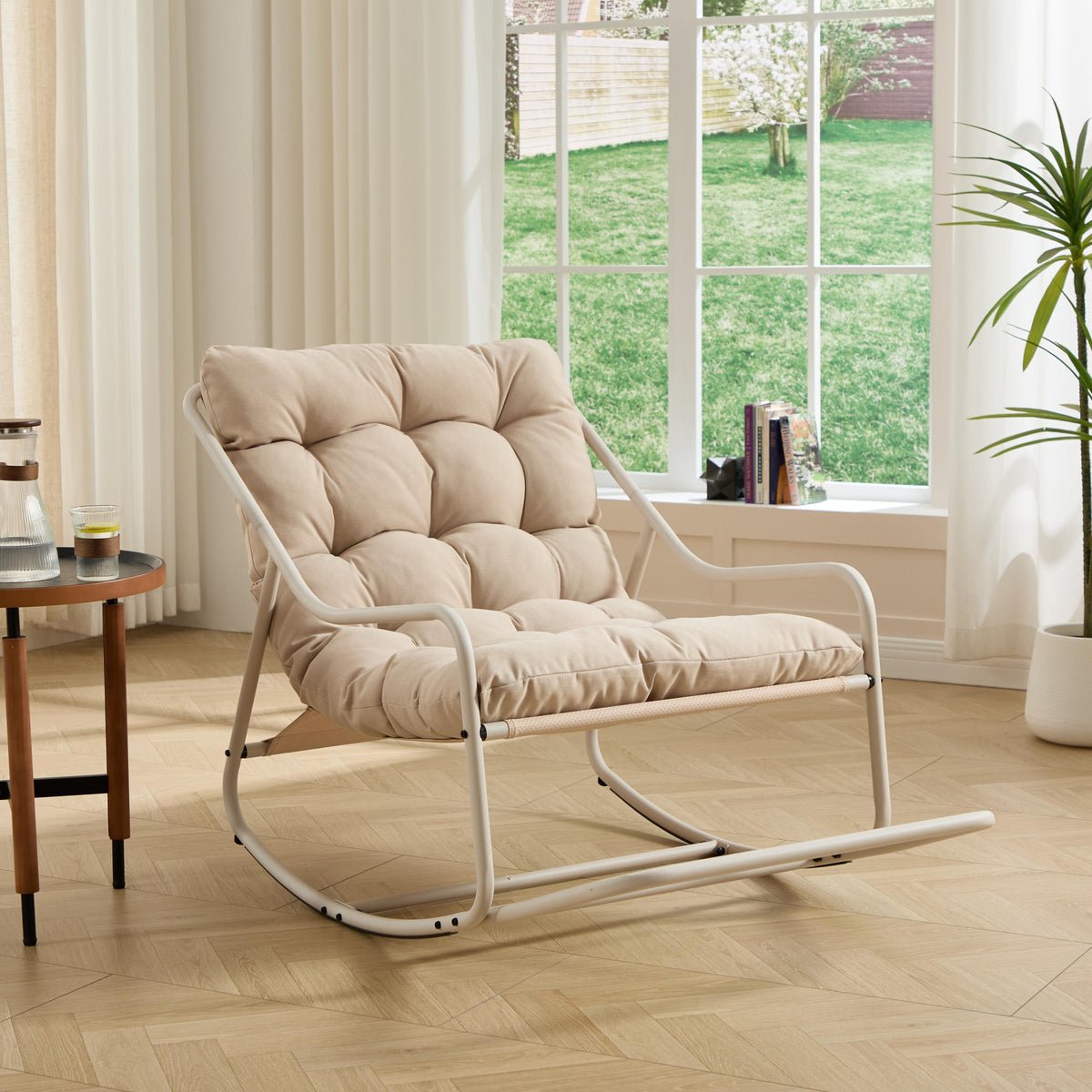 Outdoor Rocking Chair, Comfy Cushion, with Soft Thick Cushion,for Living Room, Bedroom, Reading Room, Beige Frame with Beige Cushion