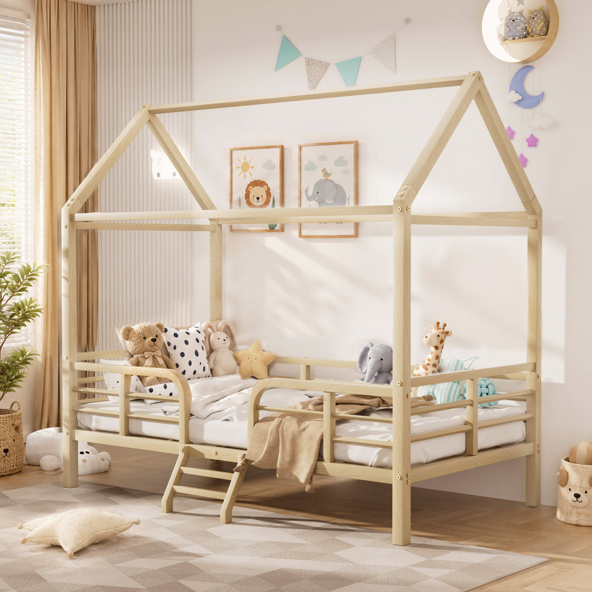 Twin Size House Bed Frame, Metal Platform Bed with Roof, Guardrails & Ladder, Wood Grain Printed Steel Frame, Underbed Clearance for Storage & Robot Vacuum, Anti-Tip Design, Natural