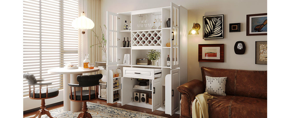 U_Style 74.1" Tall Wine Cabinet with Wine Rack & Glass Holder, 4-Door Storage Cabinet with Drawer & Open Shelves, Multifunctional Kitchen & Bar Cabinet with Door Storage for Kitchen, Dining Room