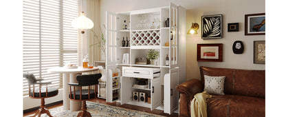U_Style 74.1" Tall Wine Cabinet with Wine Rack & Glass Holder, 4-Door Storage Cabinet with Drawer & Open Shelves, Multifunctional Kitchen & Bar Cabinet with Door Storage for Kitchen, Dining Room