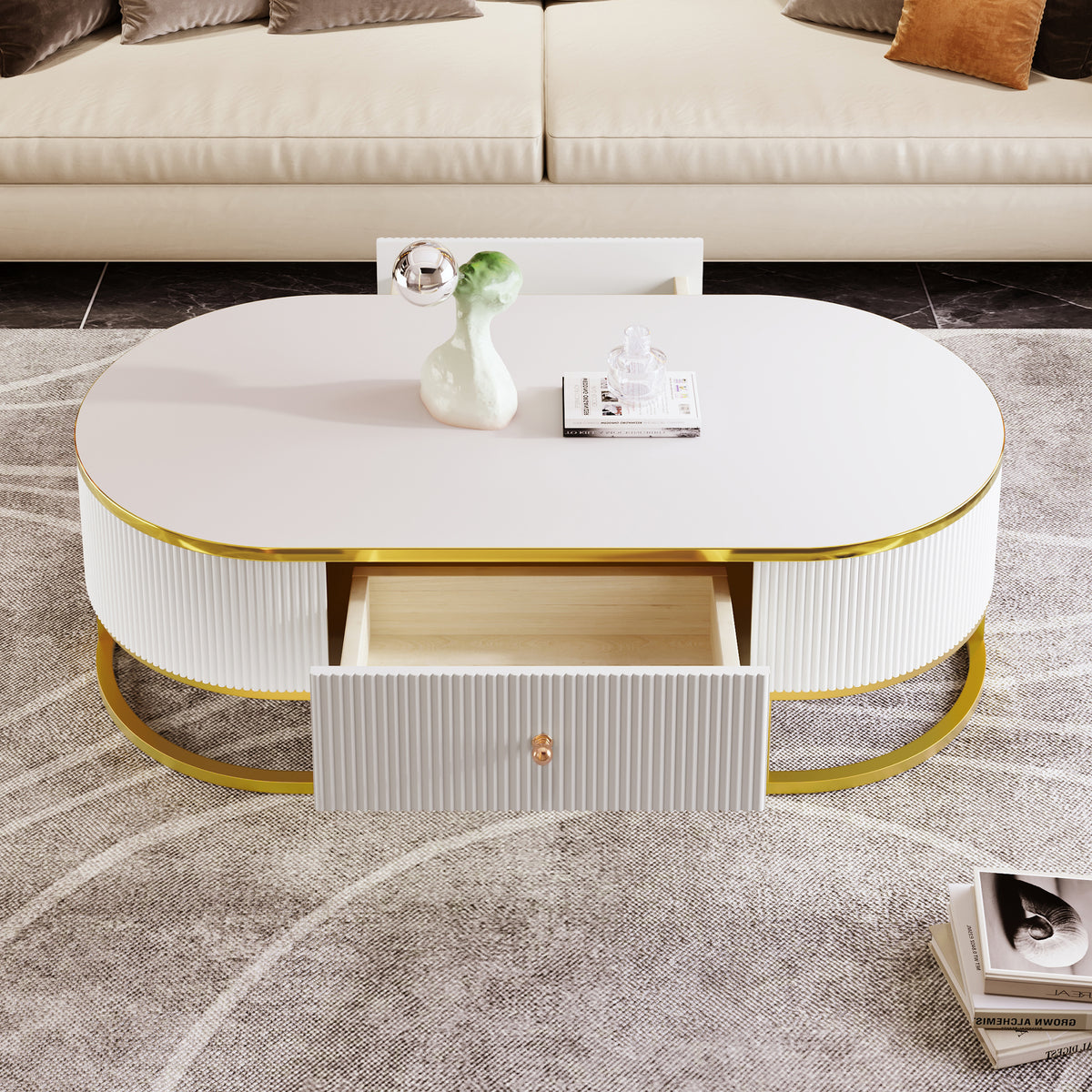 Modern Oval Coffee Table with Drawers, Curved Profile Design, Gold Metal Decor, Center Table for Living Room in 47.2"