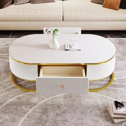 Modern Oval Coffee Table with Drawers, Curved Profile Design, Gold Metal Decor, Center Table for Living Room in 47.2"