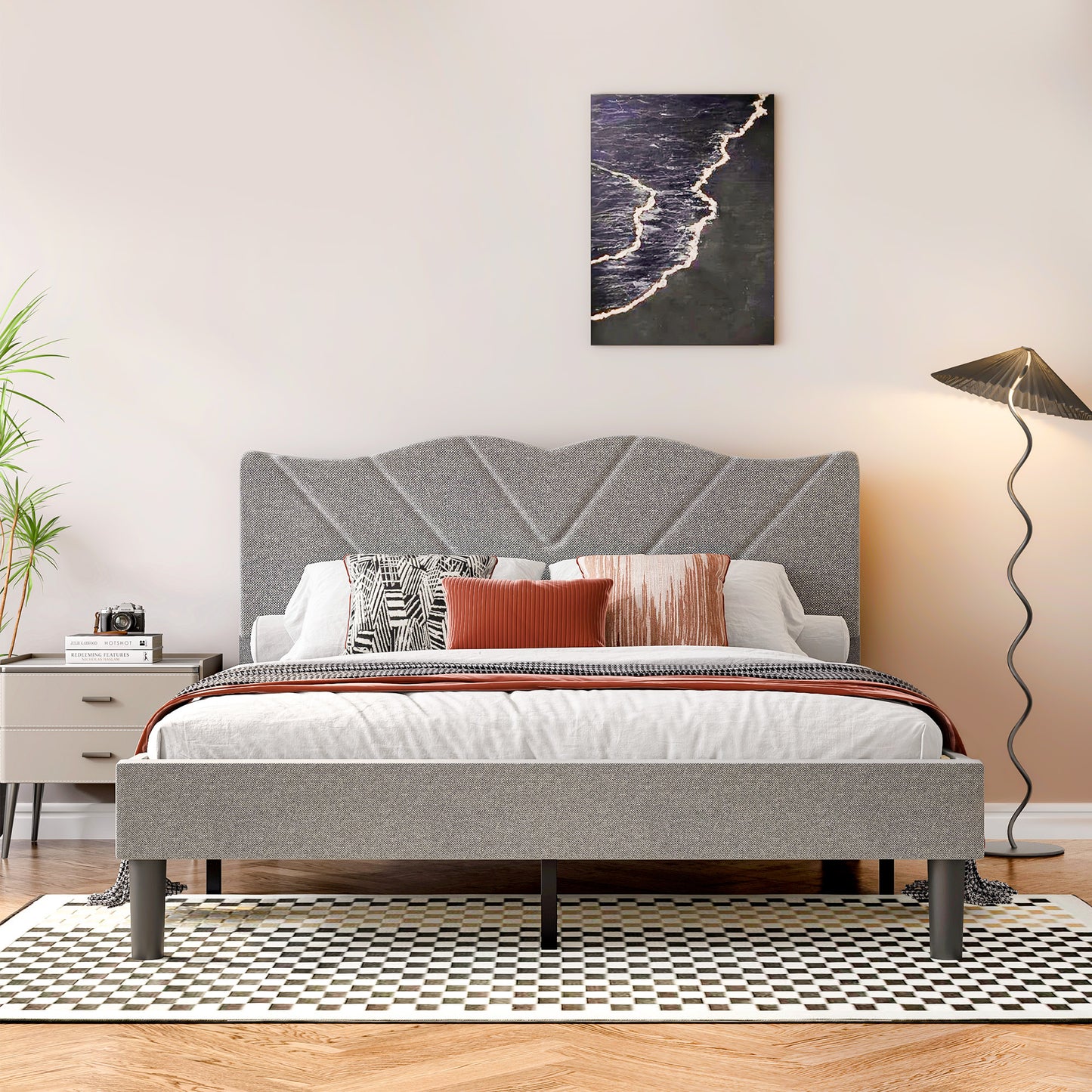 Queen Size Modern Platform Bed Frame with Upholstered Headboard & Wooden Slats - No Box Spring Needed, Easy Assembly, Grey
