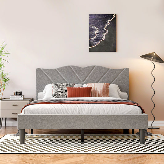 Queen Size Modern Platform Bed Frame with Upholstered Headboard & Wooden Slats - No Box Spring Needed, Easy Assembly, Grey
