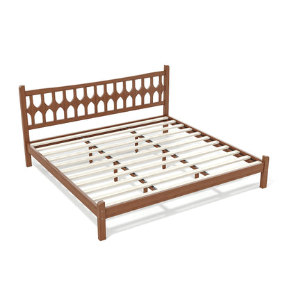 King Size Bamboo Platform Bed with Diamond-shaped headboard, Solid Bamboo-made Bed Frame with Support Slats, for Bedroom, Guest Rooms, Brown