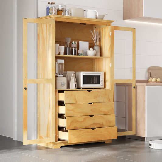 TOPMAX 44.7x20x75inch Kitchen Pantry, Freestanding Kitchen Storage Cabinet Display Cabinet with Glass Doors and 4 Built-in Drawers, Natural