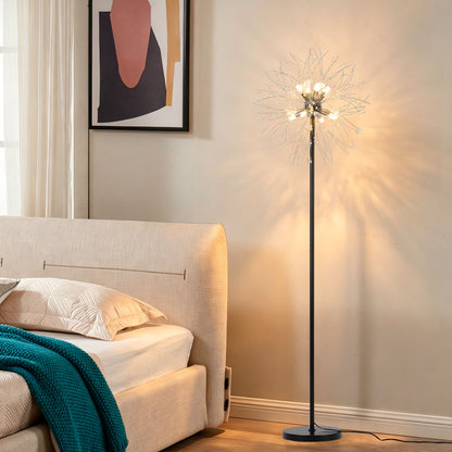 Dandelion Floor Lamp, Matte Black & Chrome Finish Metal Body with Glass Shade, Modern Standing Lamp for Home Decor