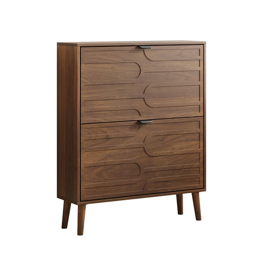Medieval Modern Independent Shoe Cabinet with 2 Flip Drawers, Walnut MDF, 31.5-inch