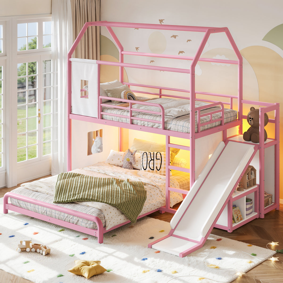 Twin over Full Playhouse Metal Bunk Bed with Slide & Ladder, House Shaped Bunk Bed with LED Light Strip, Privacy Curtain, Movable Storage Cabinet and Hanging Rod, Twin over Full Kids Bunk Bed , Pink