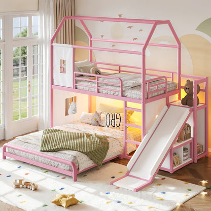 Twin over Full Playhouse Metal Bunk Bed with Slide & Ladder, House Shaped Bunk Bed with LED Light Strip, Privacy Curtain, Movable Storage Cabinet and Hanging Rod, Twin over Full Kids Bunk Bed , Pink