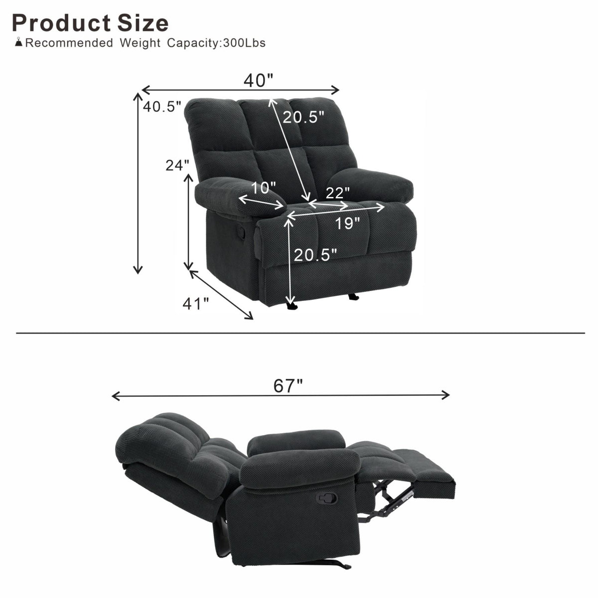Modern Manual Rocker Recliner Chair with Nubby Upholstery Fabric in Dark Grey, Fabric +Wood and Metal Construction