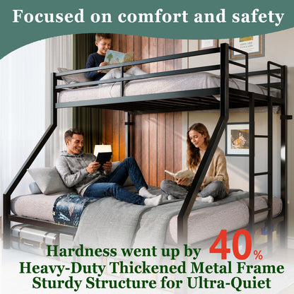 Heavy Duty Twin Over Queen Bunk Bed, Sturdy Metal Bunk Bed Frame with Flat Ladder & Full-Length Guardrail, 1000 lbs Capacity, Noise-Free, Easy Assembly, Space-Saving Industrial Bunk Beds , Black