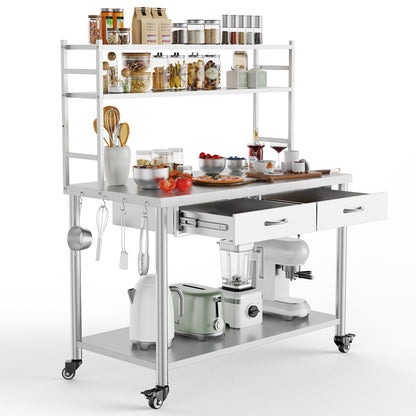 Stainless Steel Table with Shelves and Drawer, Stainless Steel Work Table with Overshelves, Adjustable Shelf and Hooks, Kitchen Prep Table for Commercial Kitchen, Restaurant and Garage