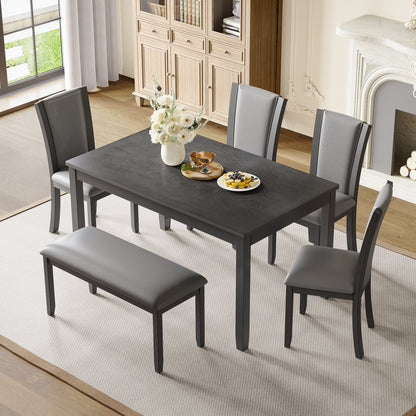 Modern 6-Piece Dining Table Set with Bench and Chairs for Dining Room or Kitchen – Grey