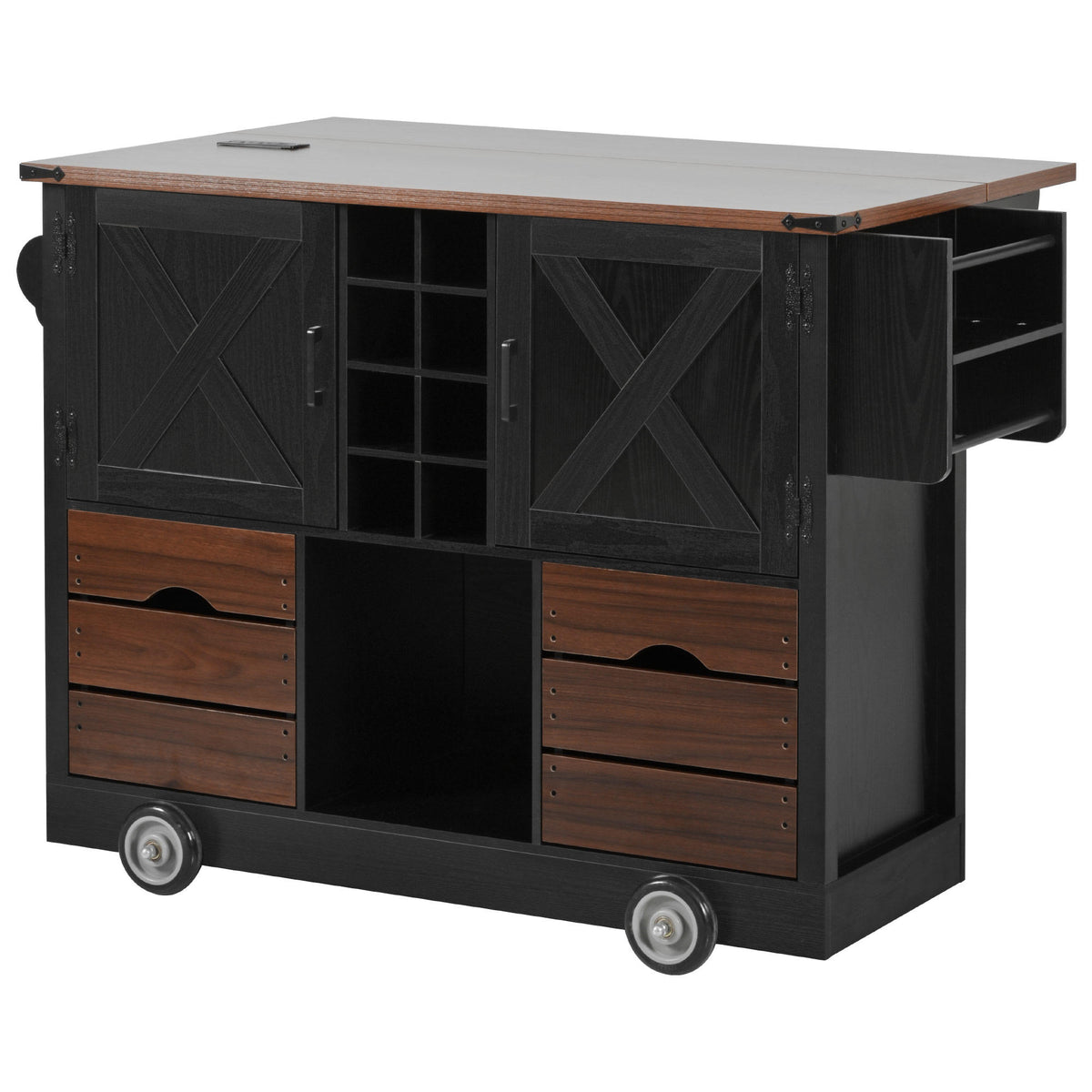 K&K 54" Farmhouse Kitchen Island with Drop Leaf, Power Outlet, Kitchen Storage Cart with 2 Doors, 2 Drawers