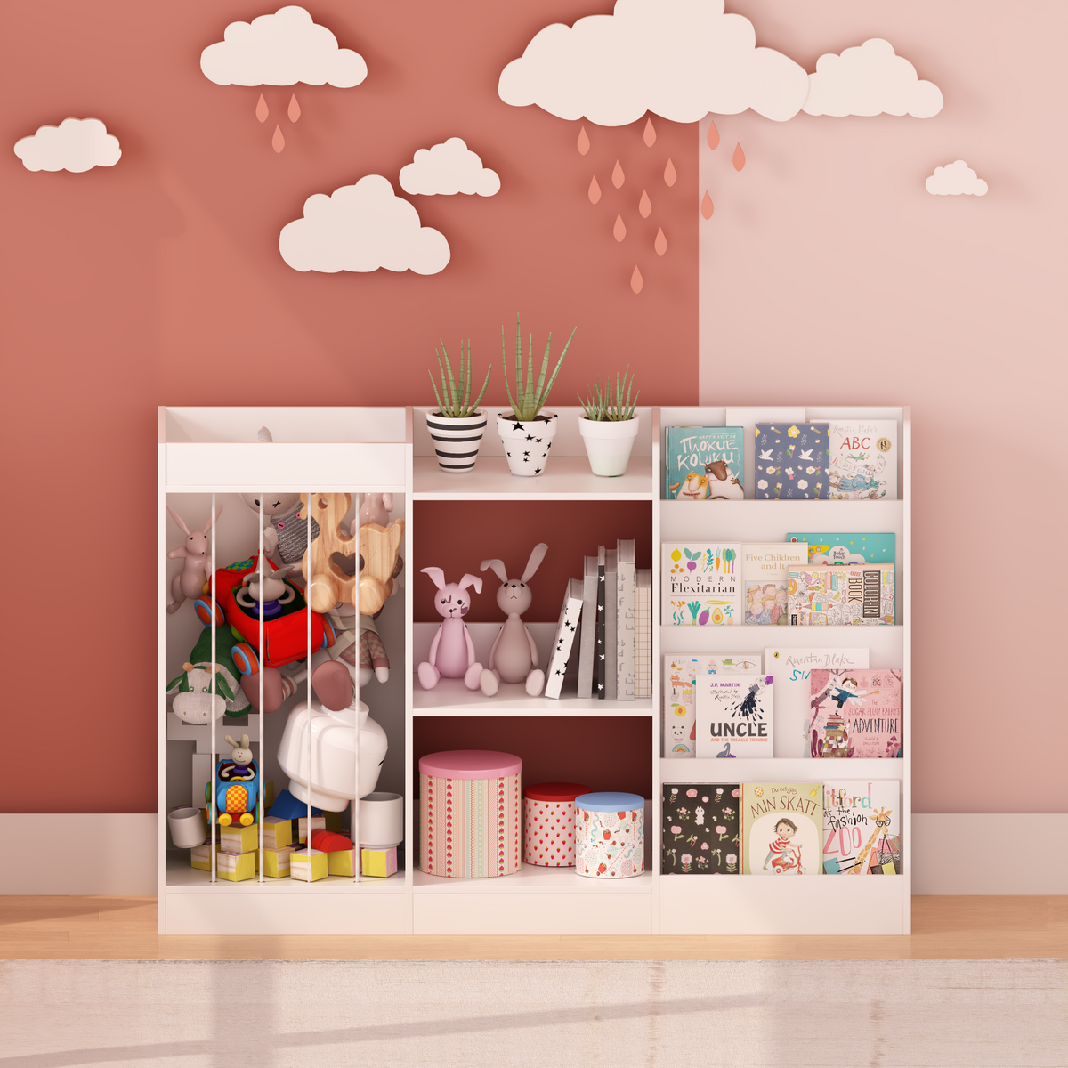 Kids Bookshelf and Toy Storage, 3-Tier Book Shelf, Sling Baby Bookcase with Stuffed Animal Storage, Toddler Montessori Bookshelf