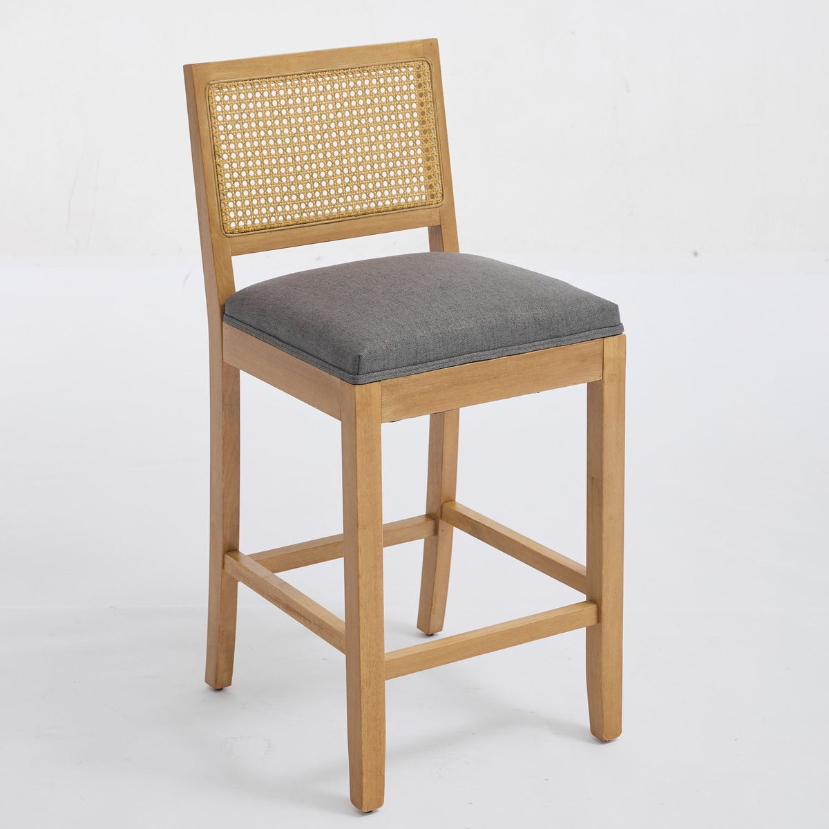 Full Solid Wood Rattan-Back Bar Stool, Matte Linen Cushion with High-Resilience Foam & S-Springs