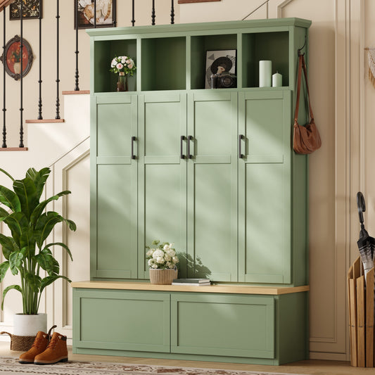 ON-TREND Modern Farmhouse Hall Tree with 4 Hidden Cabinets, Mudroom Coat Rack with Open Shelves, Mid-Century All-in-One Entryway Storage Natural Bench with Drawers & 6 Hooks for Hallway, Green
