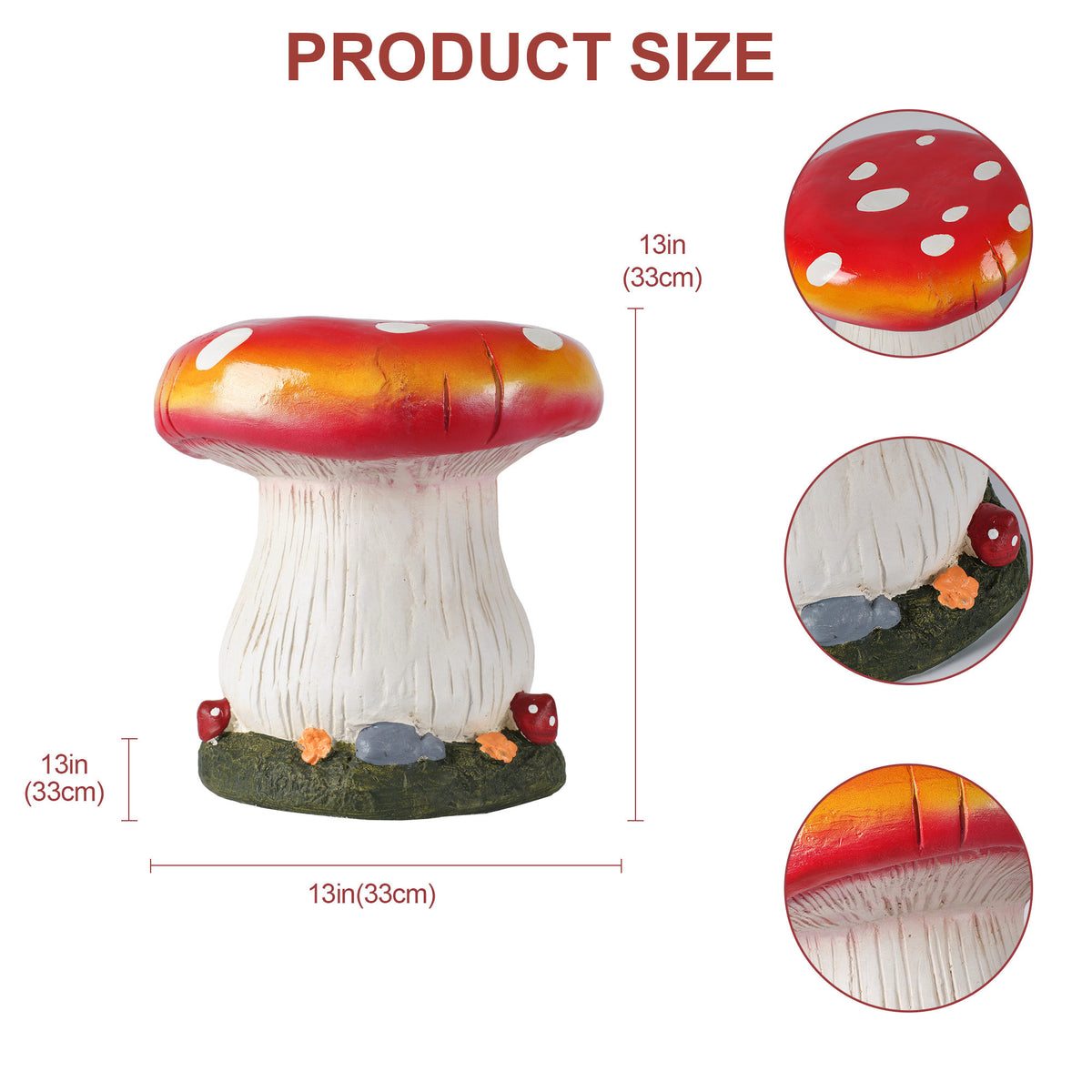 13' Mushroom Stool Garden Statue, Magnesium Oxide Stone Composite Outdoor Stool Decor, Red Cap with Yellow Edge, Sculpture Decor for Yard, Patio, Garden & Backyard, Ideal Gift for Garden Decoration
