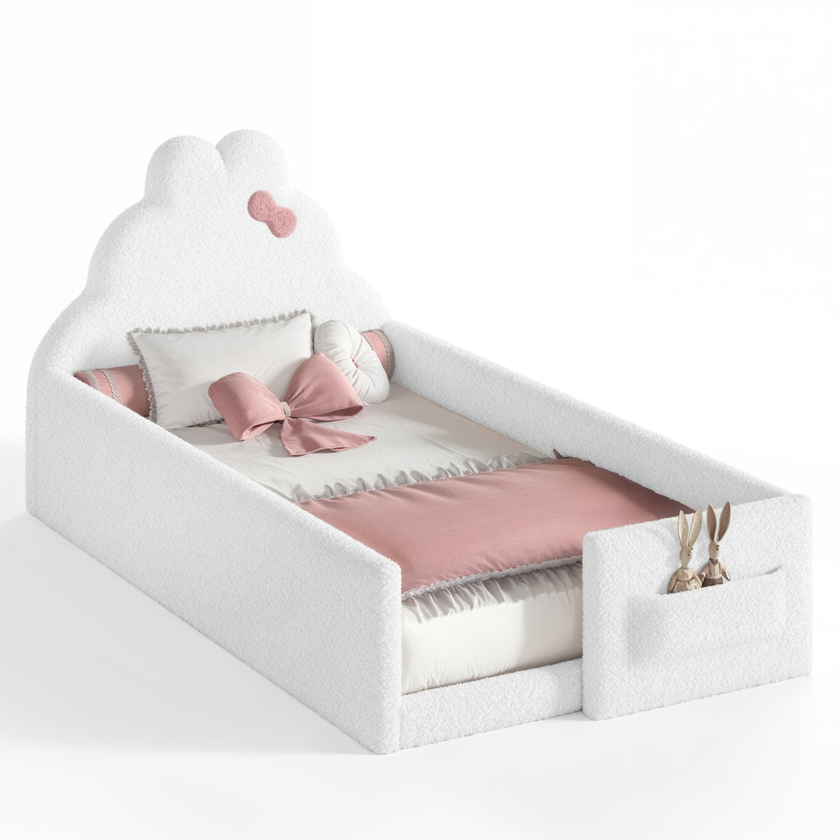 Twin Size Upholstered Floor bed, LowtoGround floor bed, Soft Padded Upholstered Kids bed, Safe Children Bed Frame with Side Storage Pocket for Kids.White