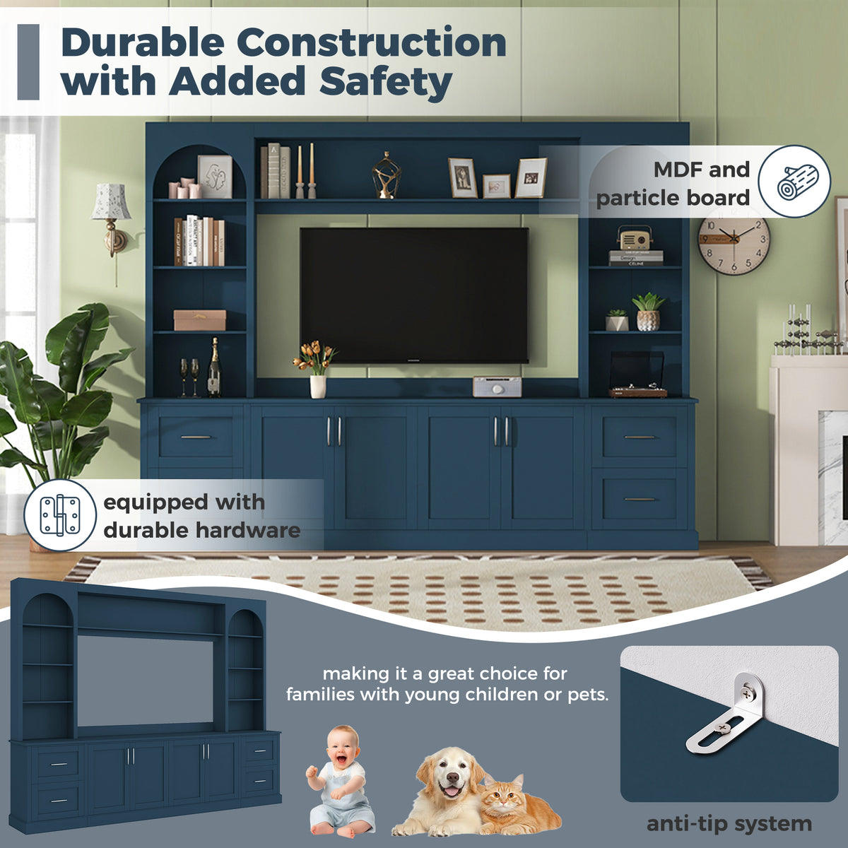 Modern Arched Entertainment Center Wall Unit with Drawers, Farmhouse TV Stand with Cable Holes for TVs Up to 65", Multifunctional All-in-One TV Console with Adjustable Shelves for Living Room, Blue